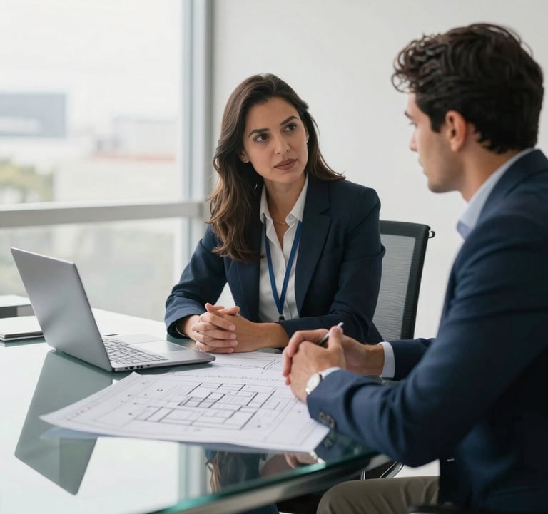 A bright and airy photograph of two professionals in a modern office meeting in Brazil, sitting at a glass table with architectural blueprints and a laptop. Soft daylight illuminates the room. Professional, South American / Brazilian corporate aesthetic.