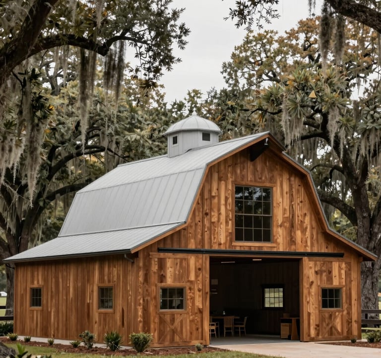 A professional architectural photography shot of a clean and modern barn on a North American / US farm. The structure features Cedar Brown wood accents and stands beautifully against a backdrop of ancient live oaks draped in Spanish moss. The lighting is crisp and natural, highlighting the rustic yet modern design of the ranch.