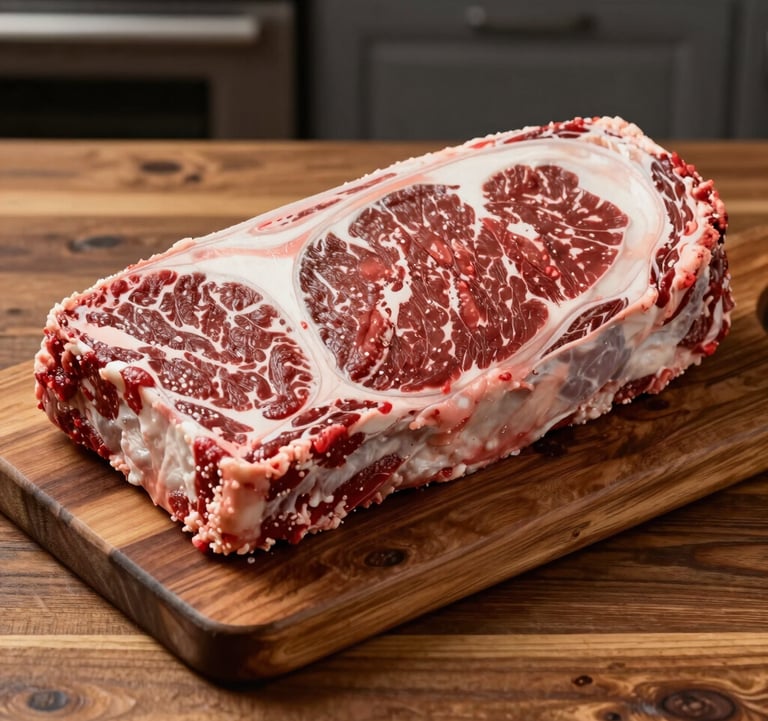 High-quality, professional photography of premium beef products on a rustic medium brown wooden surface in a North American / US kitchen setting. The lighting is clean and modern.