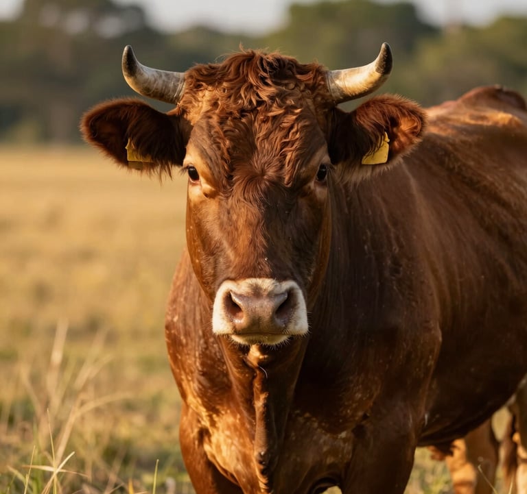 A close-up photograph of a healthy, robust steer in a sunlit North Florida pasture. The cattle has a sleek coat, reflecting the high quality of care. The background is a soft-focus blur of Golden Sand grasses and green foliage in a North American / US ranch setting during the golden hour.