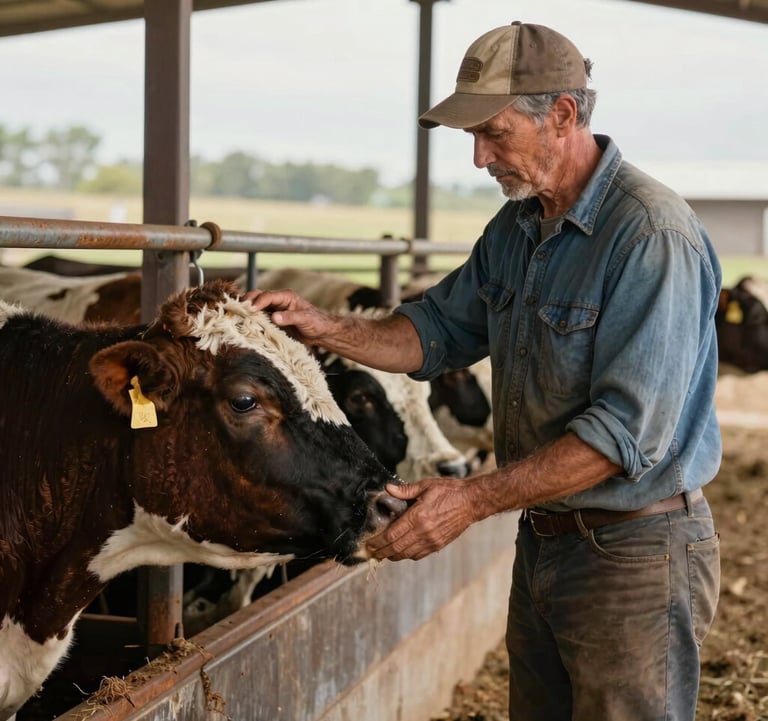 A hardworking farmer in a North American / US ranch setting, inspecting the quality of the livestock. Rustic and modern feel with dark espresso and muted tan accents.