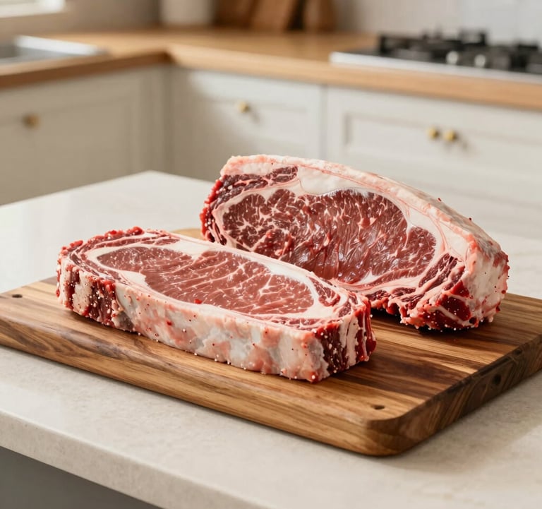 Commercial food photography of premium beef cuts displayed on a rustic Cedar Brown wooden board. The composition is clean and modern, with natural lighting that emphasizes the rich texture of the product. The scene is set in a bright, modern North American / US ranch kitchen with Golden Sand and Bone White accents.