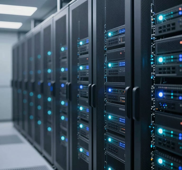 A close-up of a high-tech data center interior with rows of server racks glowing with soft blue and teal lights. A sense of order, security, and institutional technology. Clean and symmetrical composition.