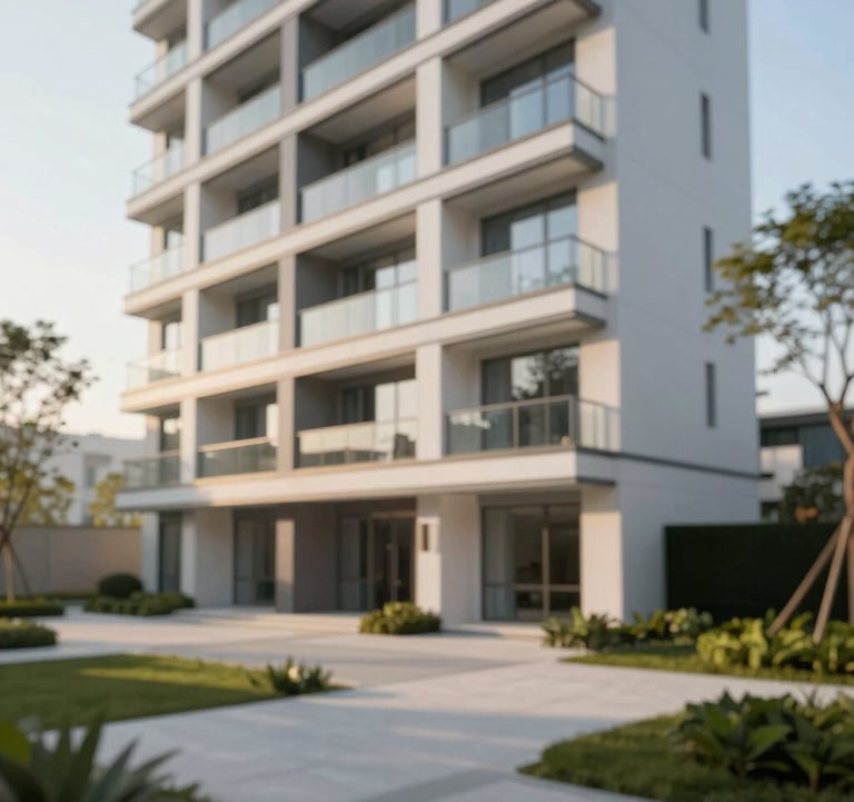 A high-end residential real estate project with modern architecture, featuring clean white walls, glass balconies, and manicured landscaping. The lighting is late afternoon sun, creating long shadows and a premium corporate feel.