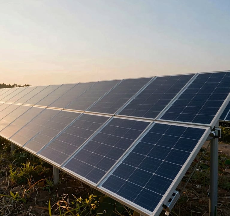 A high-quality image of solar panels in a field, capturing the sunrise. The lighting is crisp, highlighting the textures of the panels. The composition is professional and reflects clean energy growth. Tones of #2A5B6F and #E8F2F3.