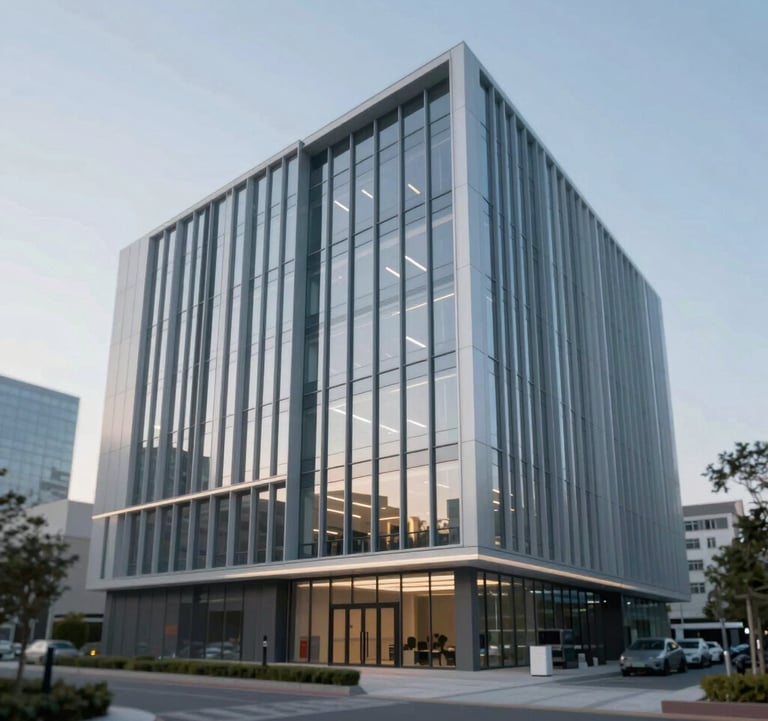 Exterior of a modern, high-tech data center building. Minimalist facade with glass and steel, featuring professional lighting and a sophisticated atmosphere. Clean and corporate look using the HUS Invest palette.