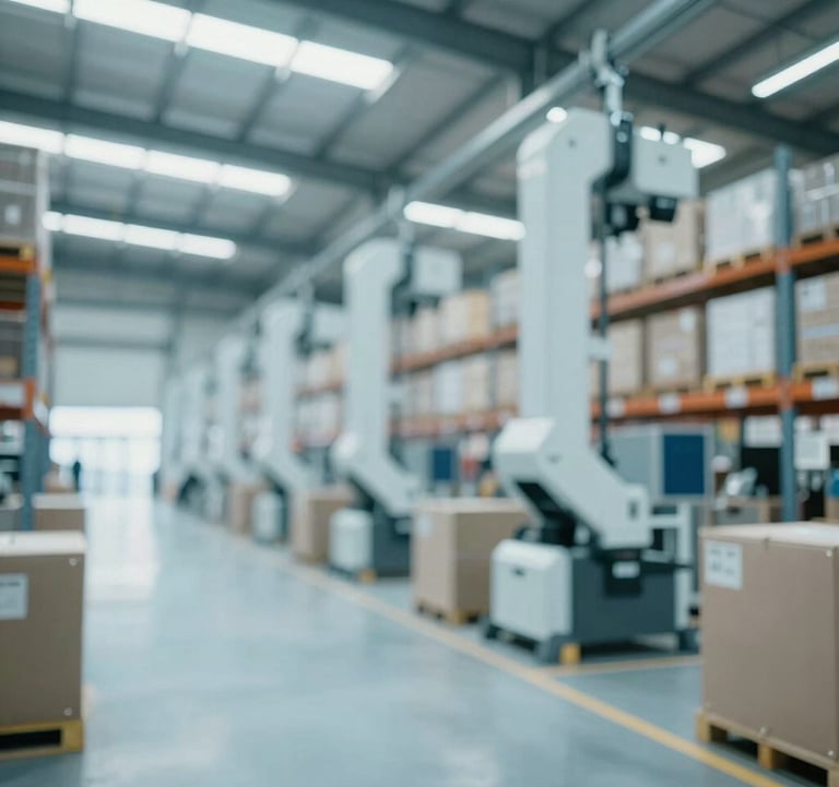 A modern logistics warehouse with high ceilings and sophisticated automated systems. The lighting is bright and clean, emphasizing efficiency and scale. Colors are integrated within the #E8F2F3 and #7BA6A8 range.