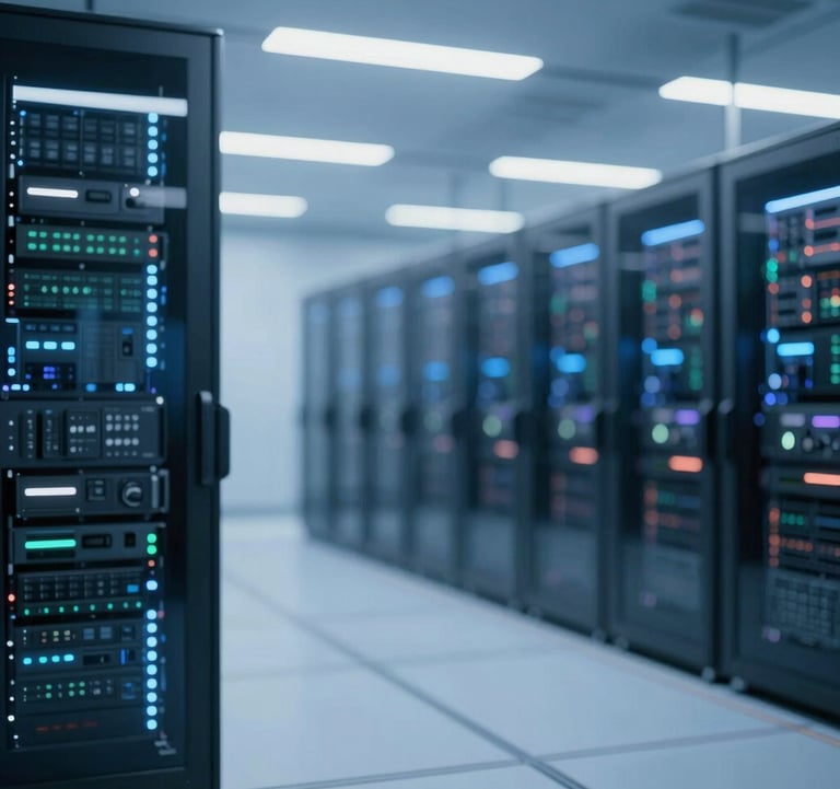 Clean, futuristic interior of a data center with soft blue ambient lighting #2A5B6F, reflecting high-tech infrastructure and asset management, institutional quality.