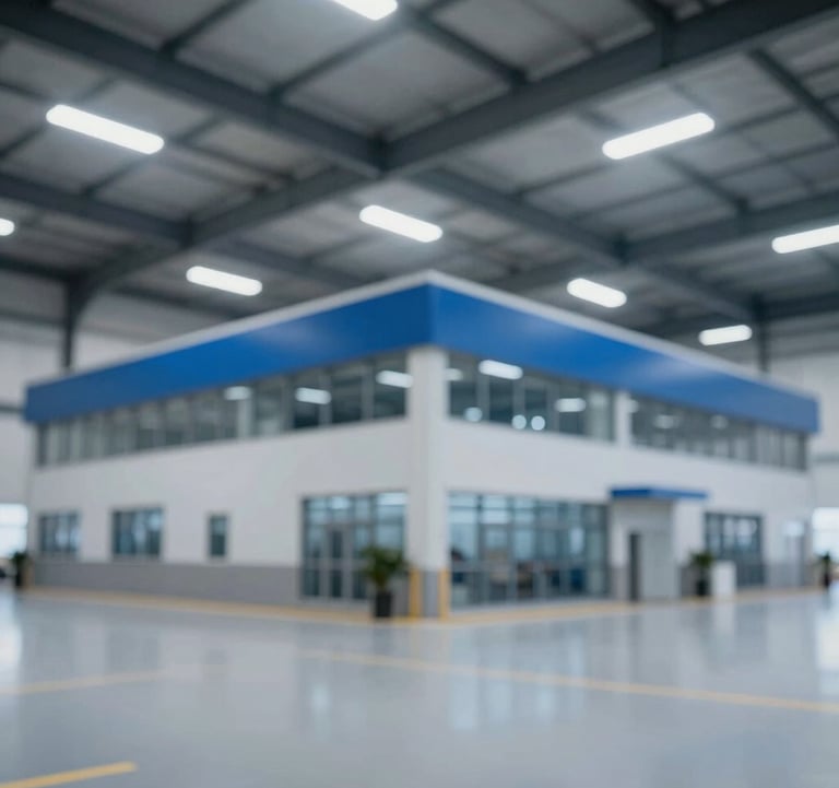 A modern warehouse facility with sleek architecture and blue lighting accents. The image is clean and corporate, highlighting logistics efficiency and modern investment properties. Professional lighting and sharp focus.