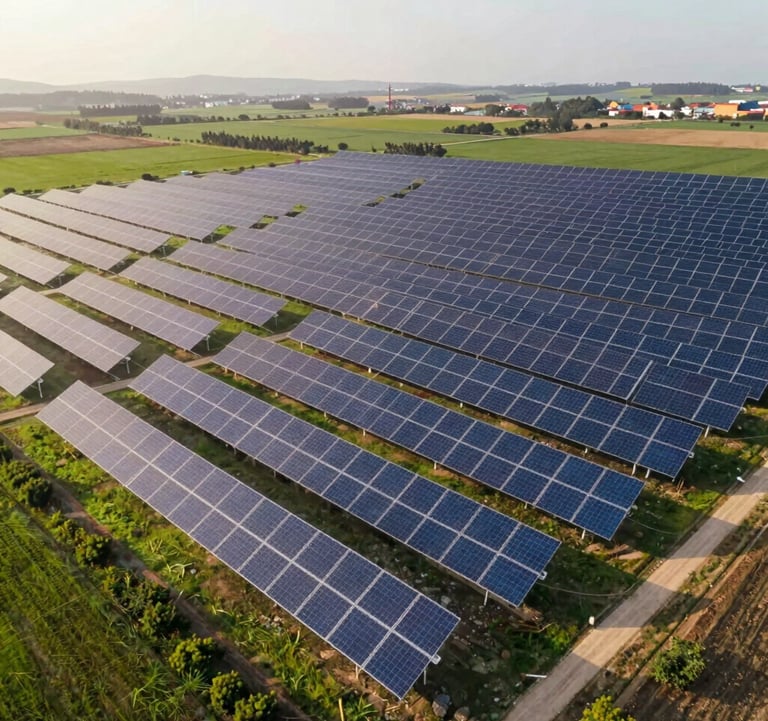 Aerial view of a massive solar park in Portugal. The panels are neatly arranged across a vast green landscape under a warm sun. The image conveys scale, sustainability, and development progress. Brand colors reflected in sky and foliage.
