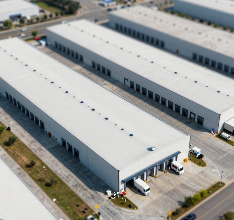 Wide aerial shot of a modern, organized logistics center with multiple loading docks, clean design, bright daylight, representing core income-generating real estate assets.