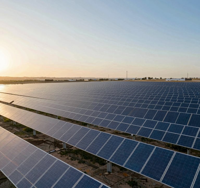 Panoramic view of a large-scale solar power plant in Portugal. Thousands of panels reflecting the soft light of a golden hour sunset. Professional, clean, and institutional photography with colors echoing #2A5B6F and #7BA6A8.