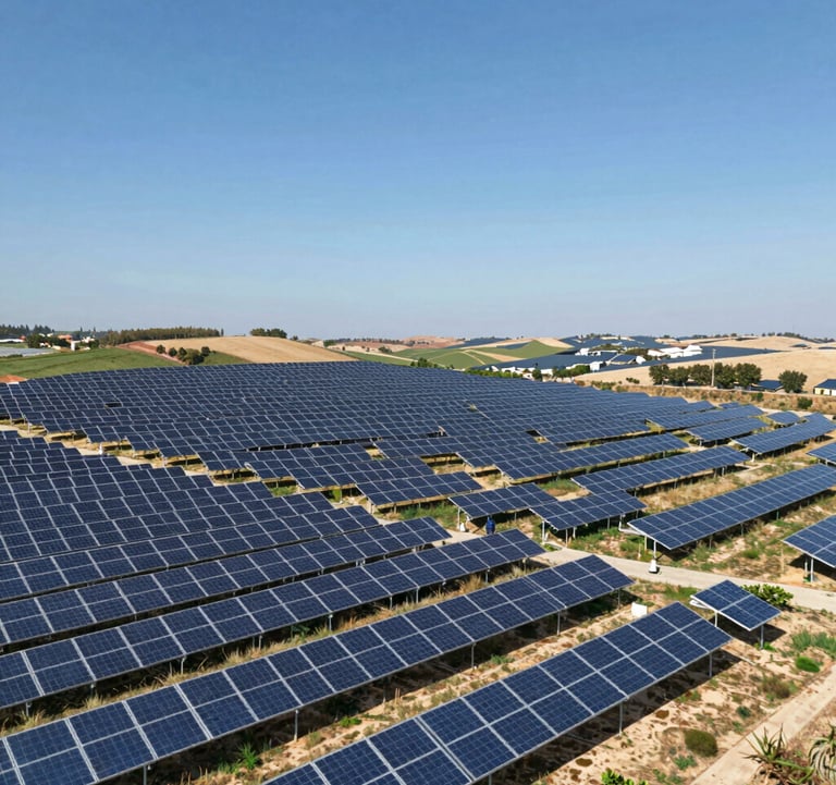 Large-scale solar energy park in the rolling hills of Portugal under a bright sun, symbolizing HUS Invest's focus on sustainable real assets and international projects.