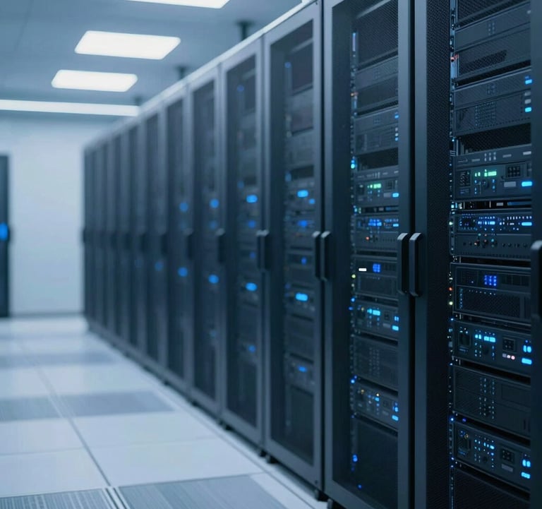 The interior of a high-tech data center with clean lines and blue ambient lighting (#2A5B6F). The perspective shows endless rows of server racks, conveying the concept of digital infrastructure and modern real asset investment.