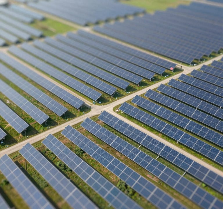 An aerial view of a solar farm integrated into a green landscape. The shot is bright, professional, and clean, showing the intersection of technology and nature. Strong presence of #7BA6A8 and #E8F2F3 tones.
