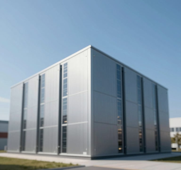 An architectural photograph of a modern data center exterior. Minimalist design with metal cladding and clean lines under a bright blue sky. Professional, corporate, and technologically advanced feel.