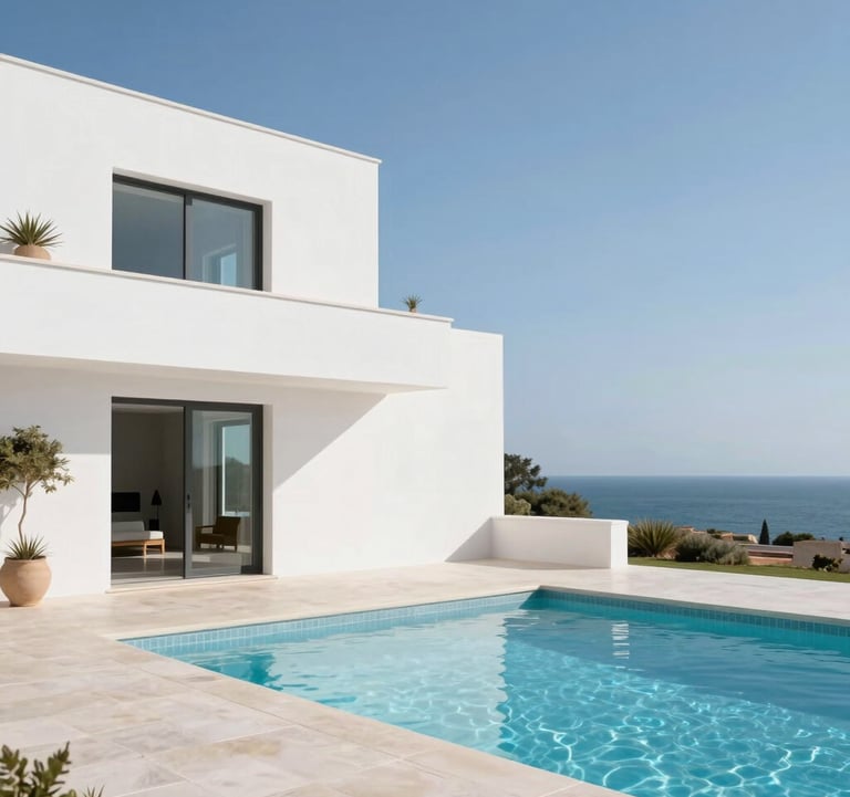 A slow-motion style photography capture of a white minimalist villa with a swimming pool and a view of the sea. The lighting is bright and clear. Southern European / Portuguese architectural style, elegant and premium.