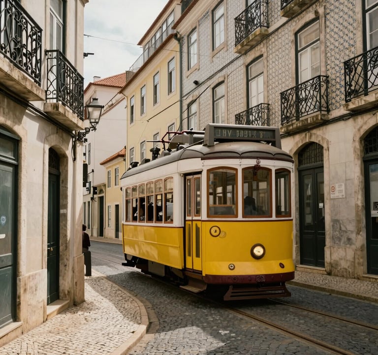 A photography shot of a narrow, cobbled street in historic Lisbon with a classic yellow tram passing by. The surrounding buildings have traditional tiles and balconies. Bright daylight highlighting the warm taupe and gold tones.