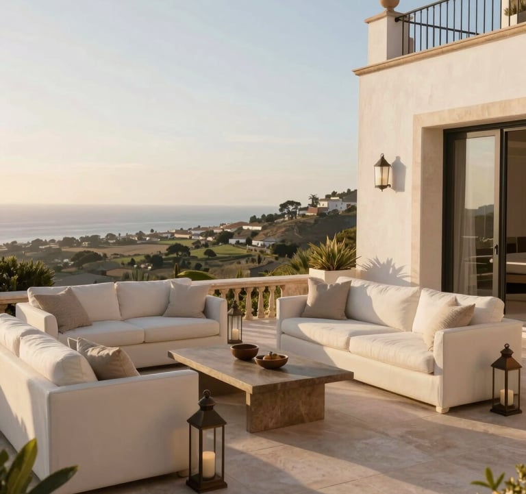 A luxury villa terrace in Portugal at golden hour. The scene features soft off-white outdoor furniture, muted bronze lanterns, and a panoramic view of a coastal valley. High-end lifestyle photography, aspirational and calm.
