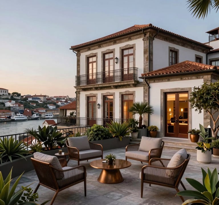 A high-end estate in Porto overlooking the river. The photography features a terrace with elegant outdoor furniture in muted bronze tones and lush Mediterranean plants. Southern European / Portuguese architecture at dusk.