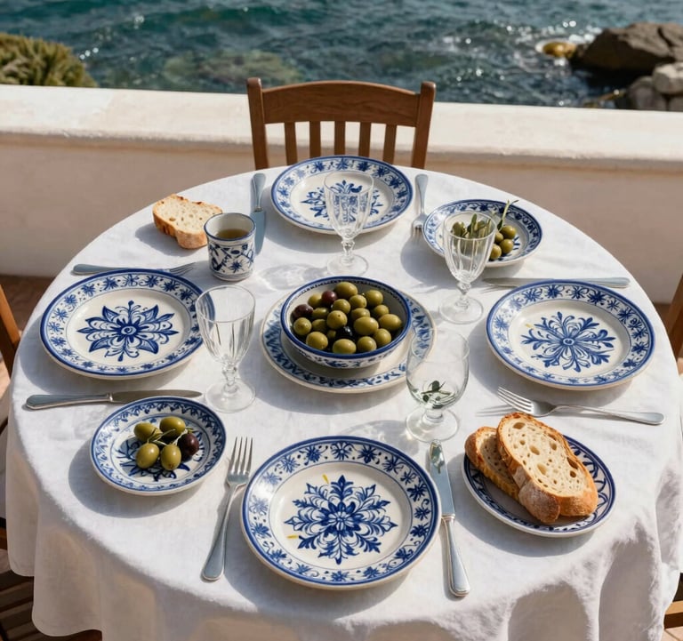 A top-down photography shot of a beautifully set outdoor dining table with Portuguese ceramics, olives, and fresh bread on a terrace overlooking the sea. Southern European / Portuguese lifestyle photography.