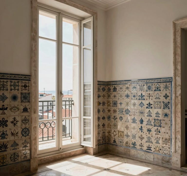 A photography shot of a luxury apartment interior in Lisbon with traditional hand-painted tiles and large windows opening to a sunny balcony. The style is sophisticated and airy with warm taupe and soft off-white accents. Southern European / Portuguese setting.