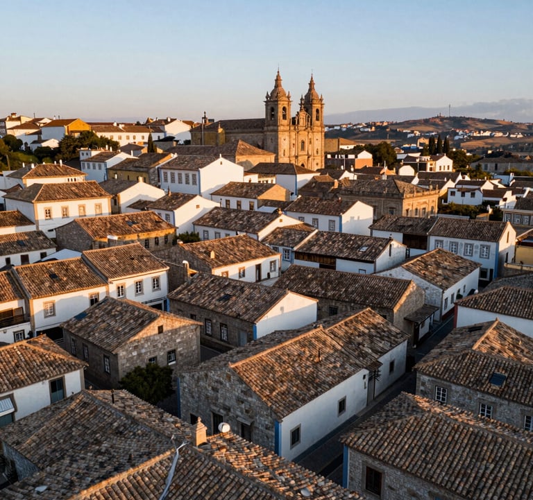 A wide aerial shot of a historic Portuguese village at golden hour. Tiled roofs in warm taupe and muted bronze create a rhythmic pattern. The composition is elegant and clear, showcasing the unique beauty of the region.