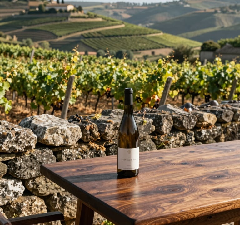 Photography of a sun-drenched vineyard in the Douro Valley. The scene captures a rustic stone wall and a bottle of wine on a deep walnut wooden table. Southern European / Portuguese landscape in soft morning light.