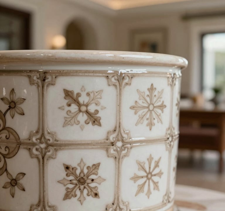 Close-up detail of traditional Portuguese ceramic patterns in soft off-white and warm taupe tones within a luxury villa interior. Soft, elegant lighting highlighting the craftsmanship and unique cultural heritage.