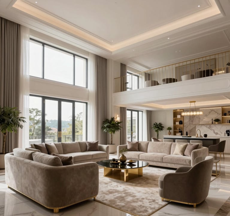 An elegant interior shot of a luxury Portuguese living room with high ceilings, soft off-white walls, and floor-to-ceiling windows. The decor features muted gold accents and sophisticated taupe furniture in a clean, modern Southern European style.