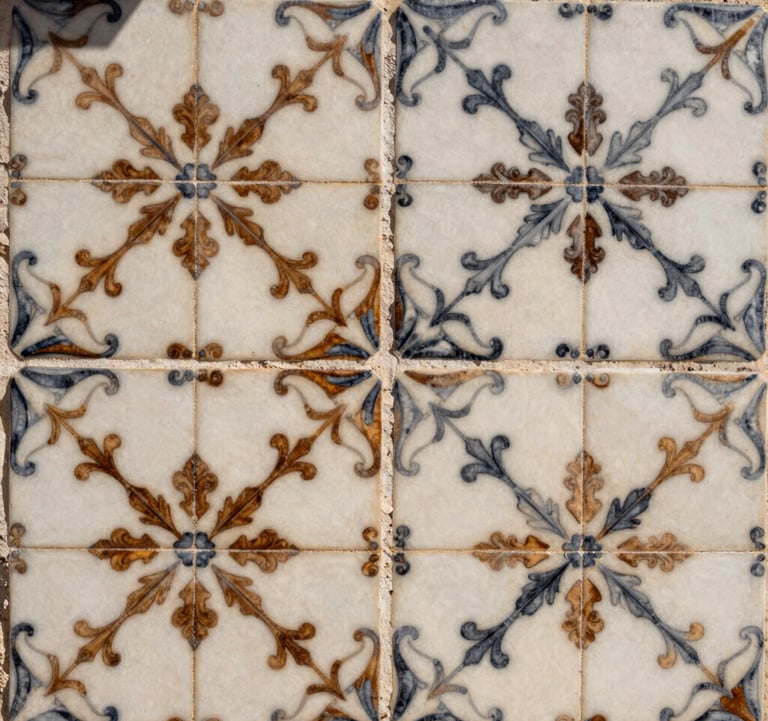 A close-up photography shot of traditional Portuguese hand-painted tiles in soft off-white and charcoal brown patterns, beautifully lit by natural sunlight in a Mediterranean courtyard.