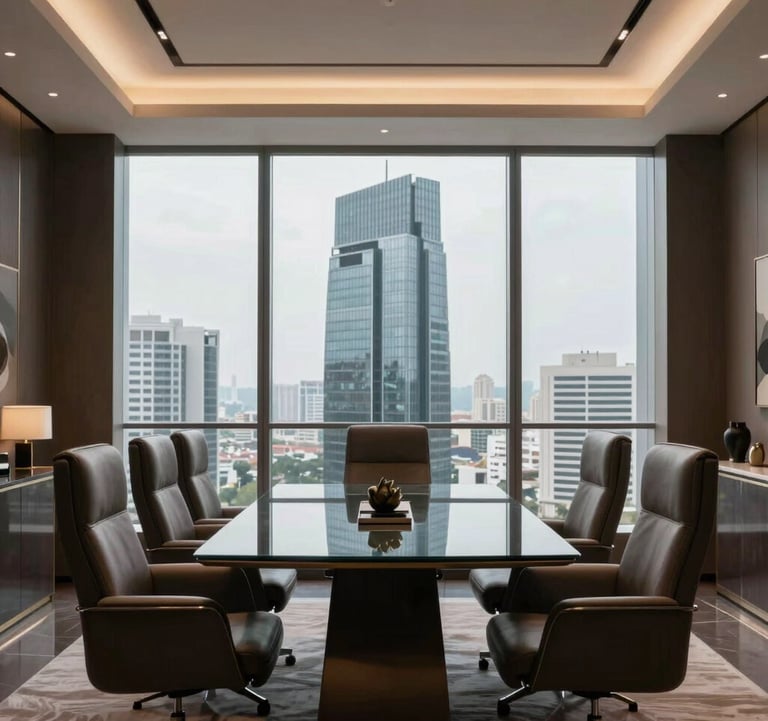 A sharp professional photograph of a premium meeting room in a modern Vadodara skyscraper. Sleek leather chairs, a glass table, and minimalist Indian decor. The atmosphere is sophisticated and elite.