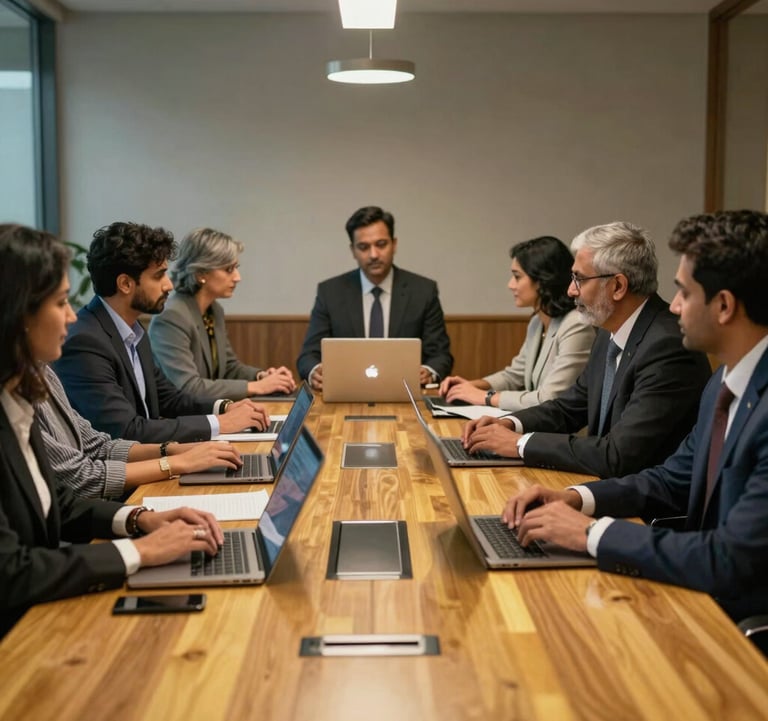 A team of South Asian / Indian professionals collaborating around a polished boardroom table with Amber Gold details, modern staffing technology setting, elite corporate vibes.