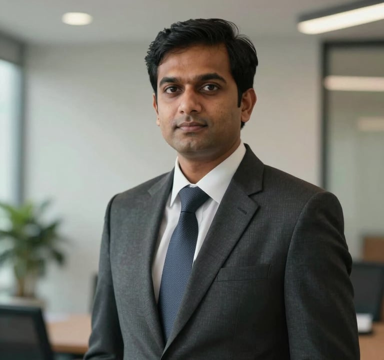 A sophisticated South Asian / Indian professional in business attire looking forward with confidence, set against a clean, premium office background with soft lighting, representing trust and leadership.