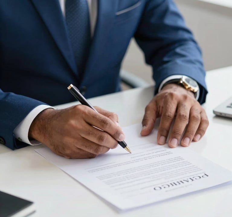 A focused close-up photograph of a South Asian professional signing a contract on a sleek white desk. The lighting is bright and crisp, emphasizing themes of agreement and commitment. Deep royal blue accents in the attire.