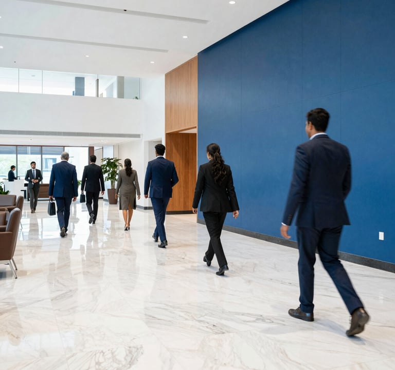 A high-end interior photograph of a corporate lobby featuring a clean white marble floor and a subtle accent wall in royal blue. Professional staff in South Asian / Indian business attire are seen in the distance, portraying an atmosphere of continuous growth.