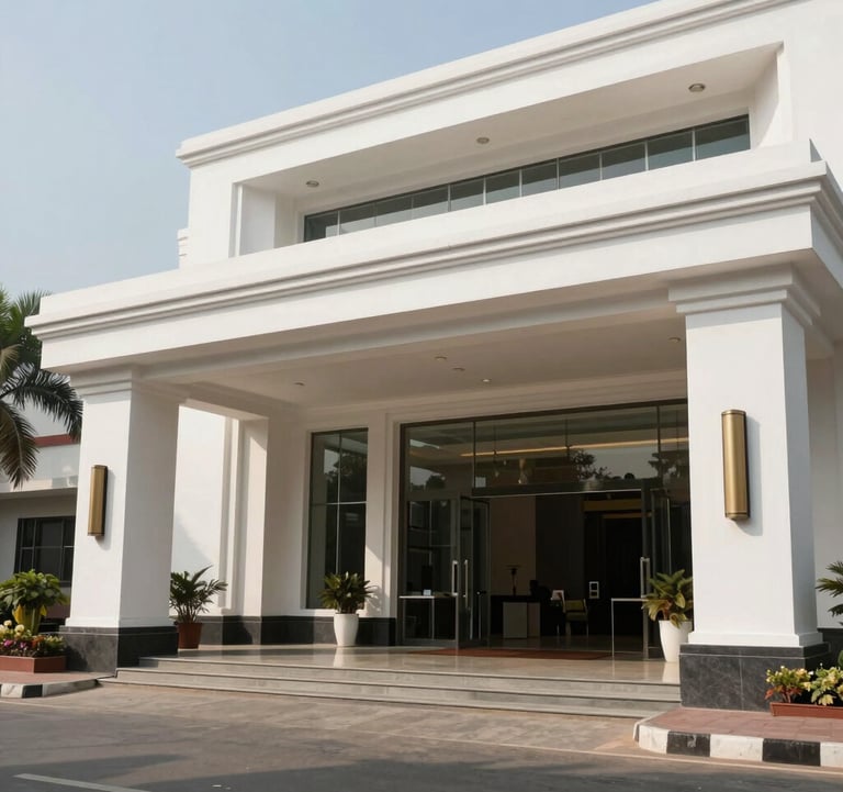 Wide shot of a prestigious corporate entrance in Vadodara, India, featuring clean white architectural lines and elite professional ambiance, daytime photography.