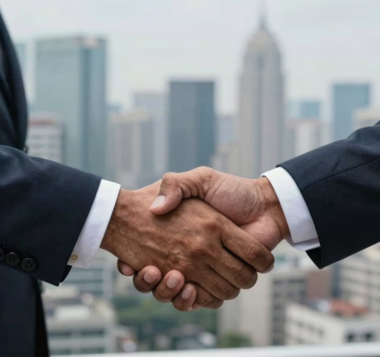 Close-up of a firm handshake between two South Asian / Indian professionals in a high-rise office, symbolizing commitment and mutual success, with an out-of-focus city skyline in the background.