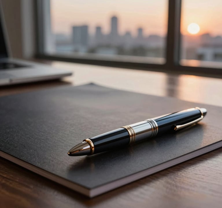 A macro photograph of high-end business stationery and a luxury pen on a dark wood desk. In the background, a blurred window view of the Vadodara city skyline at sunset, representing authority and success.
