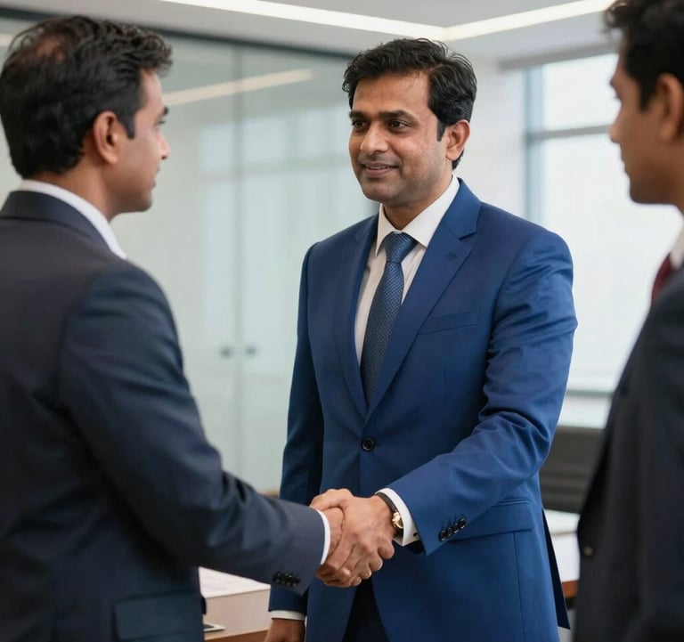 A South Asian / Indian executive in a sharp Deep Royal Blue suit shaking hands in a bright, elite corporate office in Vadodara, focus on professional trust and leadership.