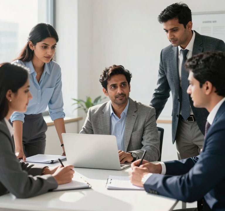 A professional setting showing a collaborative group of South Asian corporate experts in a sunlit, modern workspace. The style is premium and professional, using high-key lighting and clean white backgrounds.