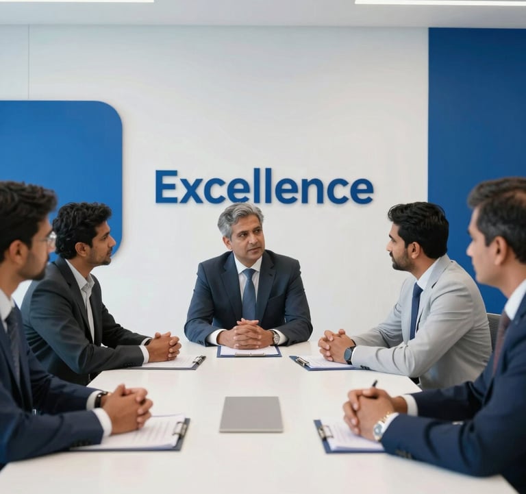A high-end professional environment featuring South Asian / Indian executives engaged in a strategic meeting, minimalist office interior with Crisp White walls and Deep Royal Blue accents, signifying excellence.