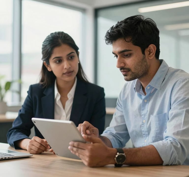 A clean, bright photograph of two corporate professionals discussing over a tablet in a bright, modern South Asian office space. The image conveys professionalism and technical advancement.