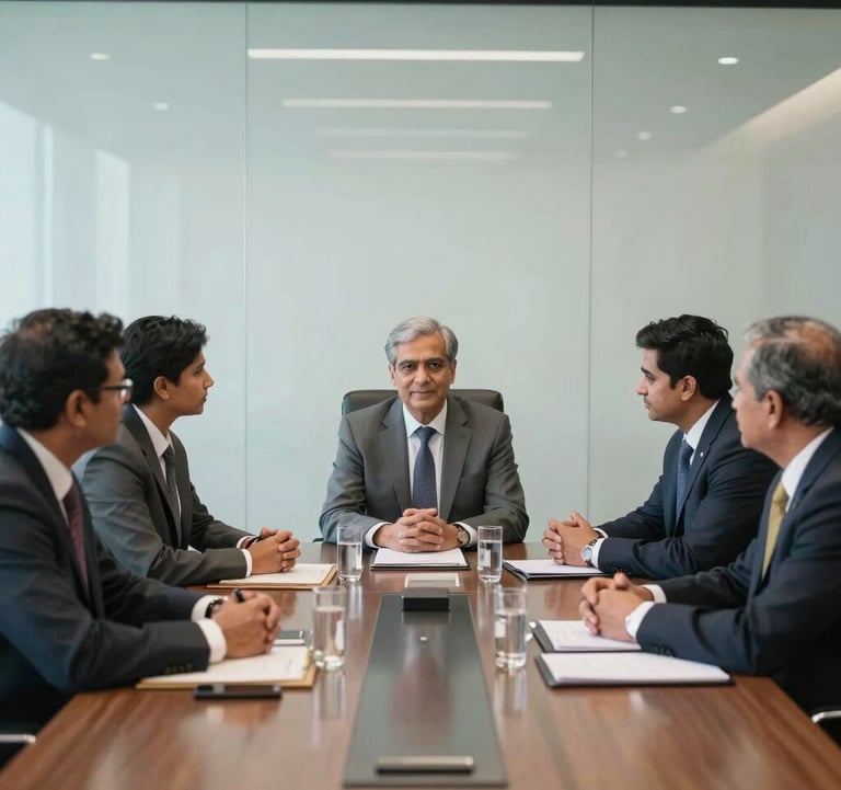 A high-quality photography shot of a professional board meeting in a glass-walled conference room in India. Participants show expressions of leadership and collaboration. Clean, bright, and elite aesthetic.