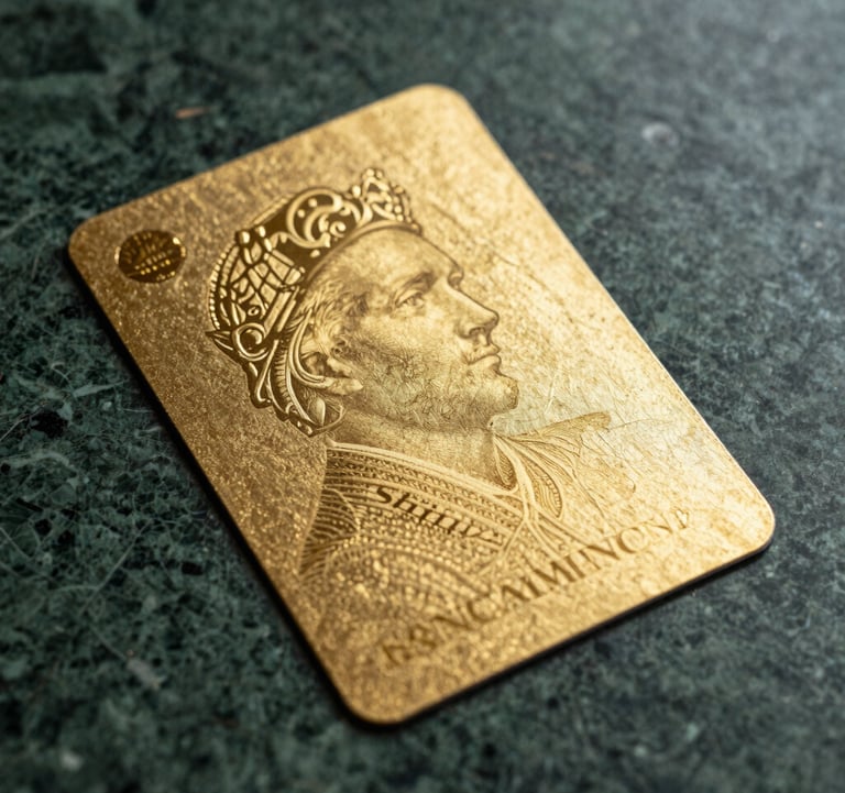 Close-up photography of a premium card with gold foil texture, resting on a deep green marble surface. Professional lighting, editorial style, South American luxury aesthetic.