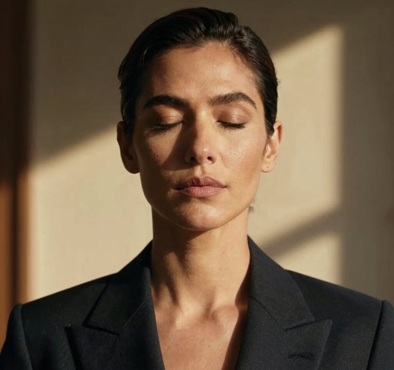 A cinematic portrait of a sophisticated person in a South American modern setting, eyes closed in deep focus. Refined attire, golden lighting shadows, editorial style photography.