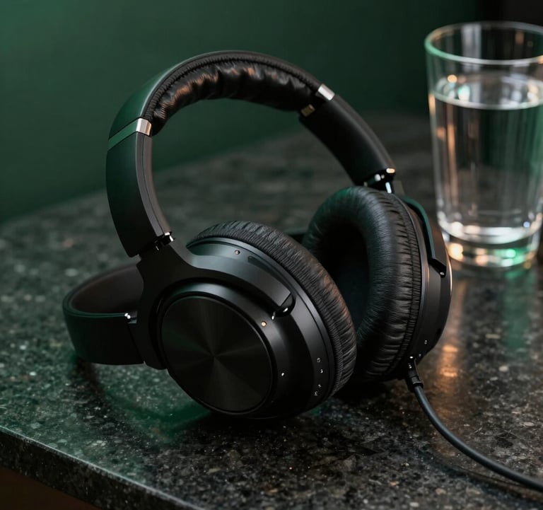 A close-up photograph of high-end professional headphones resting on a dark, polished stone surface. Beside them, a single crystal glass of water. Editorial lighting, deep green and soft gold highlights, luxury aesthetic.