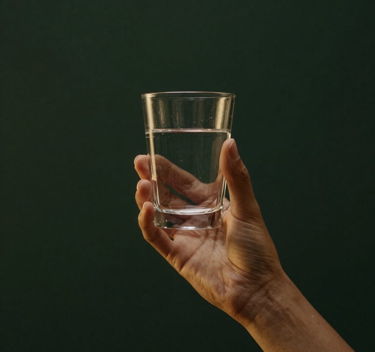 Minimalist shot of an elegant person's hands holding a glass of water, lit by soft golden light. Deep green background, cinematic South American setting, serene and powerful.