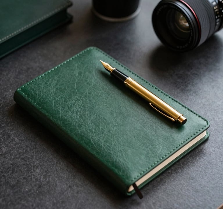 A minimalist, high-end desk setup featuring a gold fountain pen and a deep green leather notebook. The lighting is editorial and moody, reflecting a life of discipline and personal magnetism.