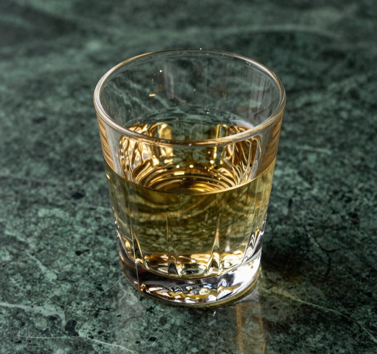 Detail shot of a crystal glass reflecting golden light on a deep green marble surface. The atmosphere is mysterious and clean, representing mental clarity and focus. Professional architectural photography style.